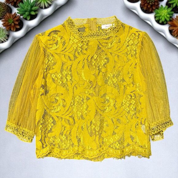 Peach Yellow Lace Top M Sheer Mesh Sleeve Back Zip Blouse Fairy Whimsy Goth - Picture 2 of 6